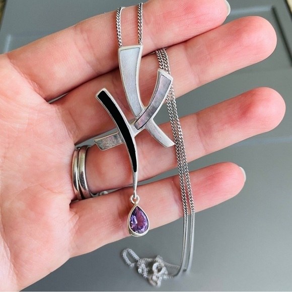 Vintage Abstract Pendant Necklace W/ Amethyst Onyx Abalone Pearl Sterlin… - Picture 2 of 6